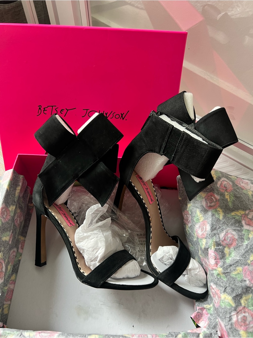 Betsey Johnson Black Suede Bow Strap Stiletto Sandals